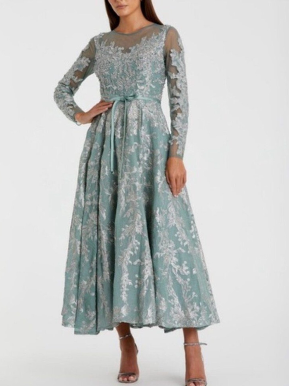 Mac Duggal Seafoam Embroidered Long Sleeve Midi Dress